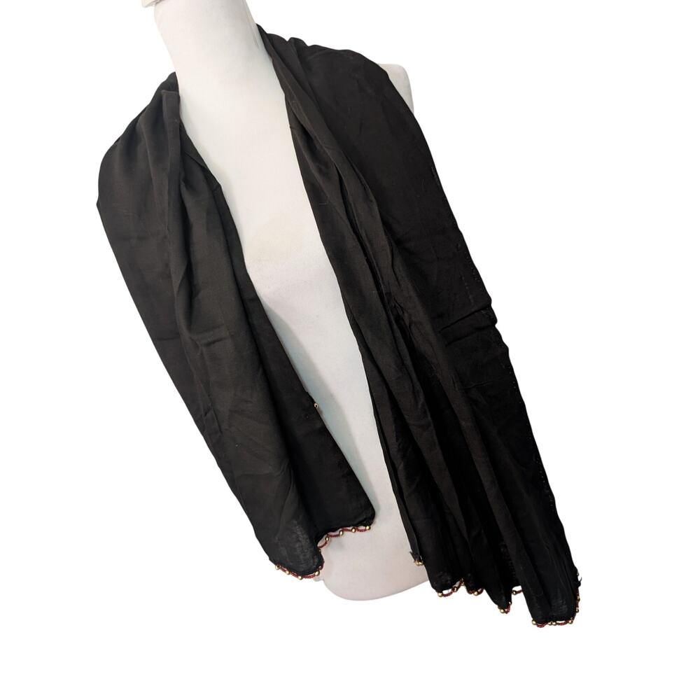 GORGEOUS BLACK COTTON/RAYON SCARF, WRAP, W/RED & GOLD BEADED EDGES! SZ OS